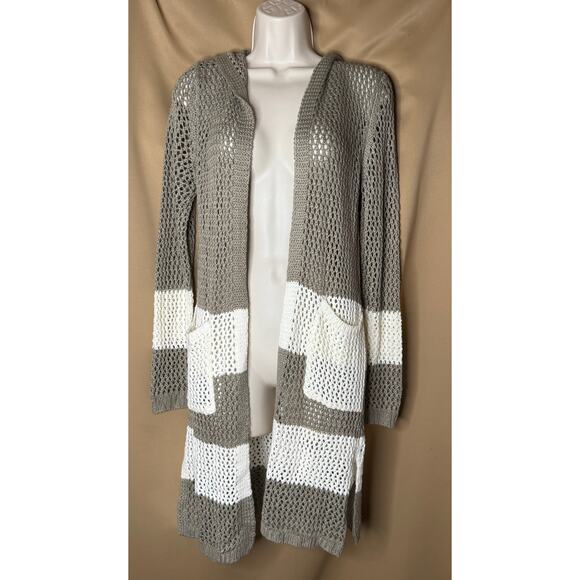 Pol Sweaters - POL Olive and Cream Hooded Crochet Cardigan Small S NWOT